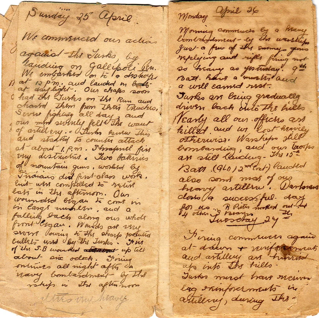 Diary of Gallipoli: entry for 25th April 1915. Diary of 494 Sergeant Joseph Cecil Thompson, Gallipoli 25th April 1915. Pages four and five