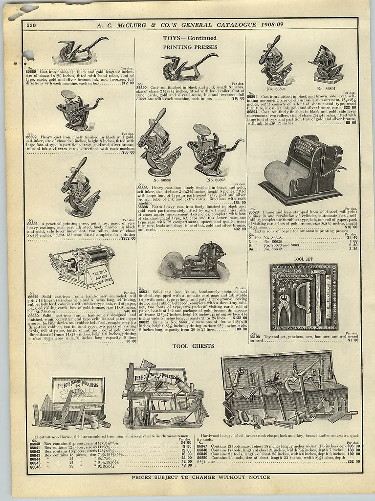 Letterpress - catalogue page of toy and small presses 1908